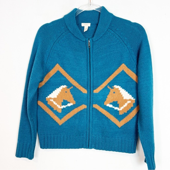 TINY ANTHROPOLOGIE TURQUOISE BLUE FULL ZIP HORSE THEME CARDIGAN SWEATER SZ XS - Picture 3 of 8